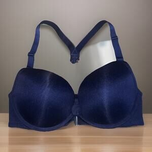 Cacique Front-Close Smooth Boost Plunge Bra 38C Satin Navy Razor Lace Back